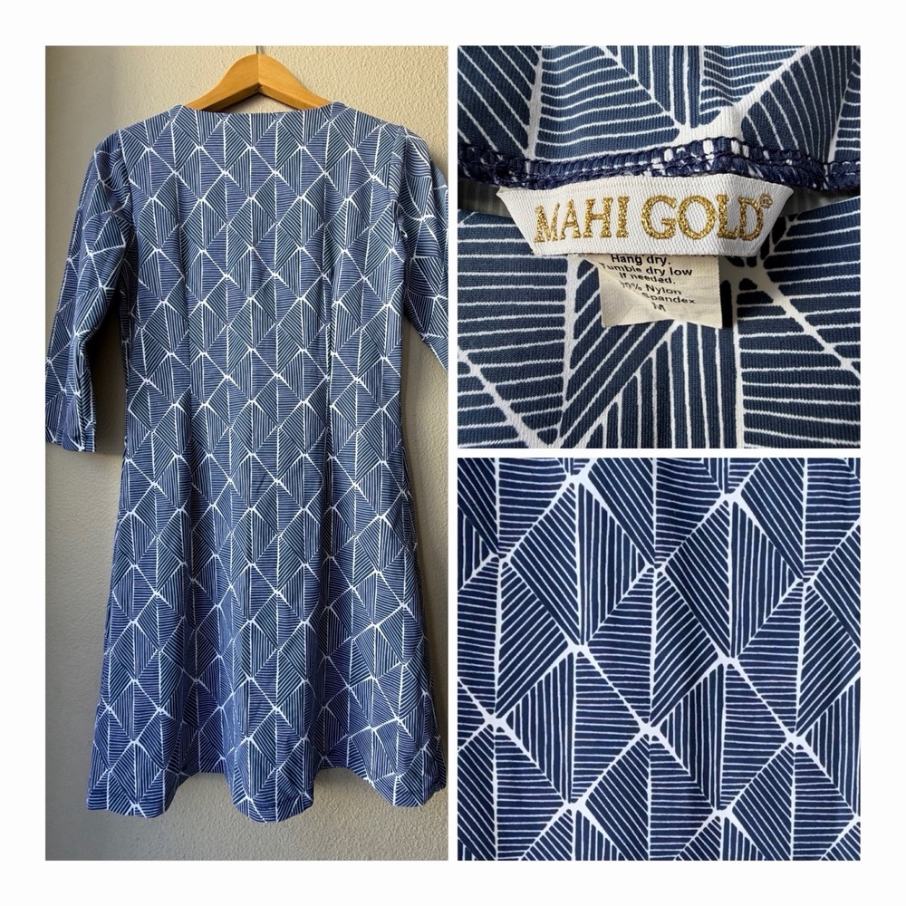 MAHI GOLD Bimini Dress  M Navy Blue White Geometric Diamond Stretch 3/4 Slv